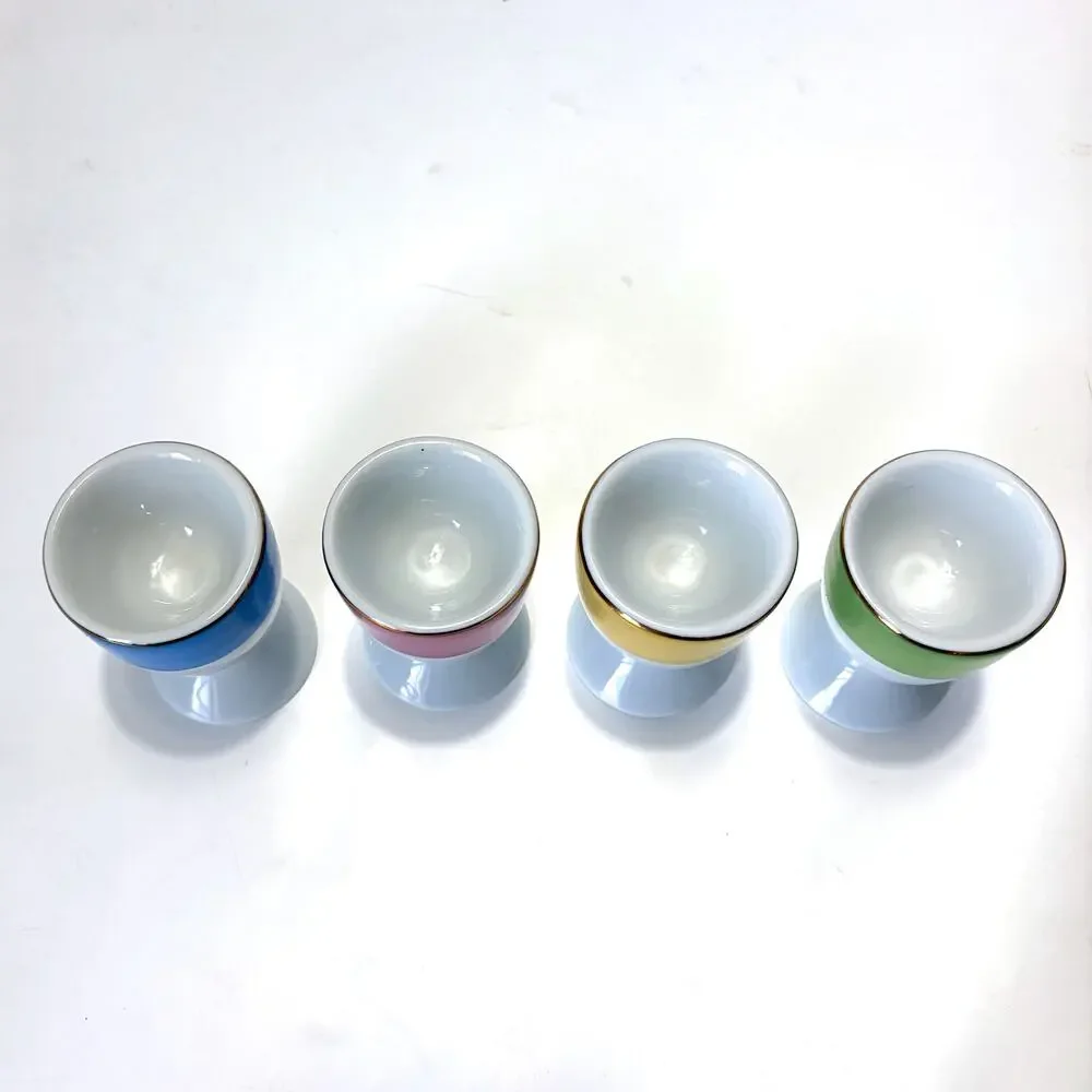 Pottery Barn Egg Cup Set 4 Gold Trim Color Block Porcelain